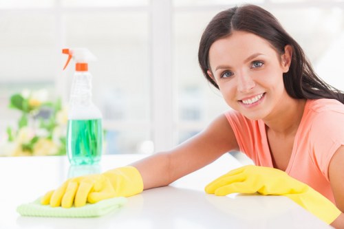 Cleaner removing construction dust from a modern Canary Wharf apartment after renovation