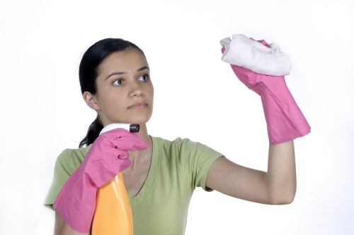 Professional Canary Wharf cleaners following safety procedures on site